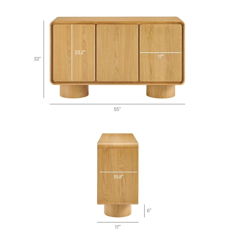 Lumo 3-Door Curved Wood Accent Cabinet in Oak