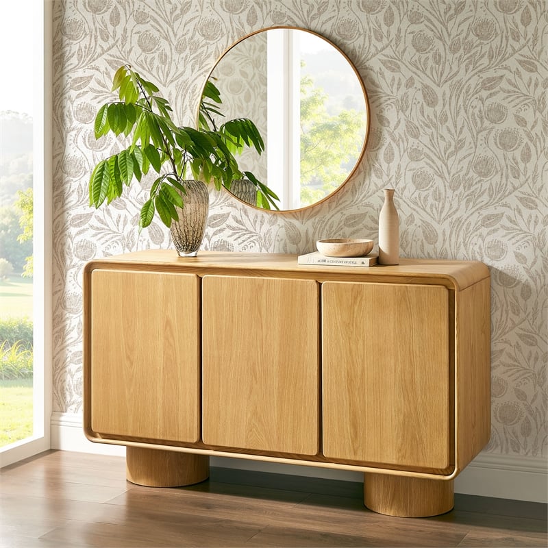 Lumo 3-Door Curved Wood Accent Cabinet in Oak