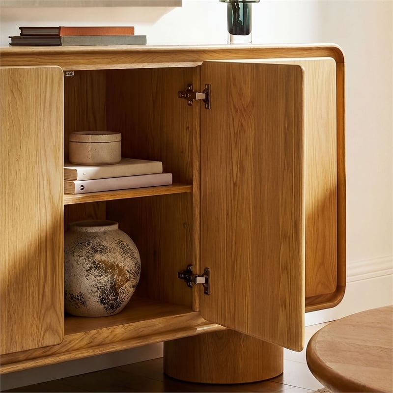Lumo 3-Door Curved Wood Accent Cabinet in Oak