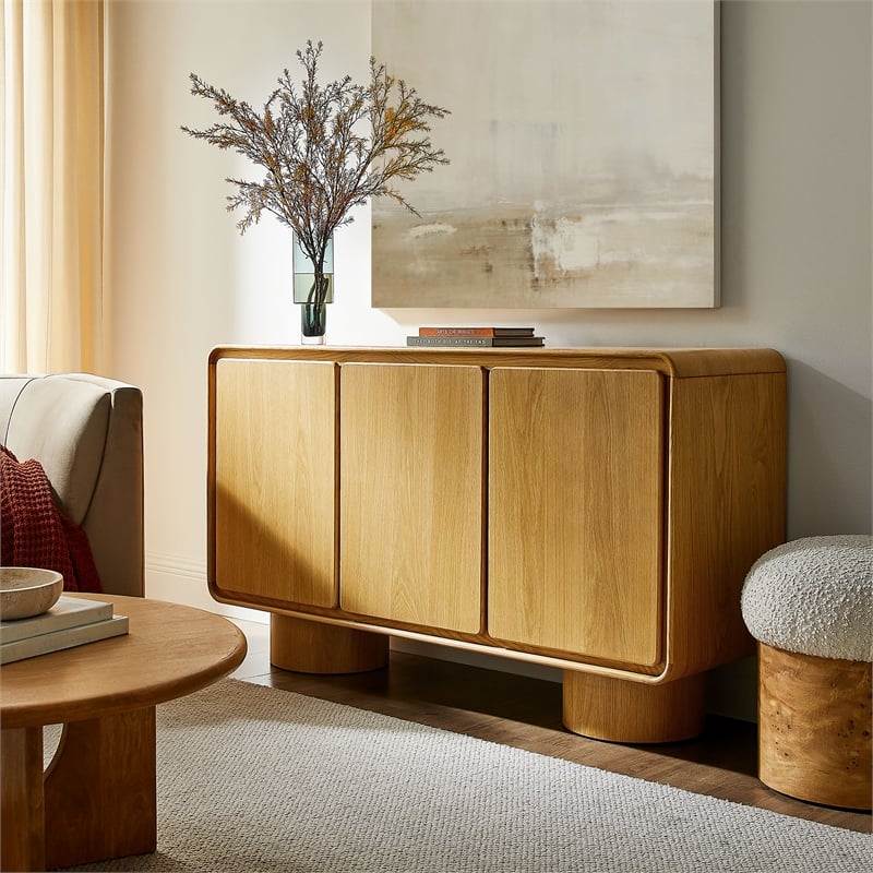 Lumo 3-Door Curved Wood Accent Cabinet in Oak