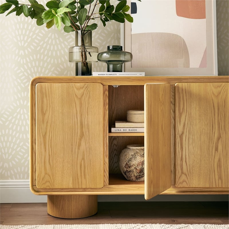 Lumo 4-Door Curved Wood Accent Cabinet in Oak
