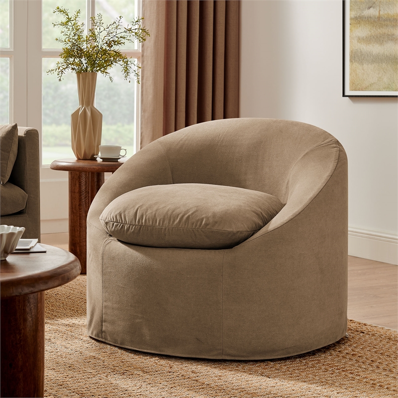 Sadie Slipcovered Linen-Blend Round Accent Chair in Almond
