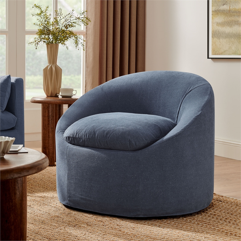 Sadie Slipcovered Linen-Blend Round Accent Chair in Denim