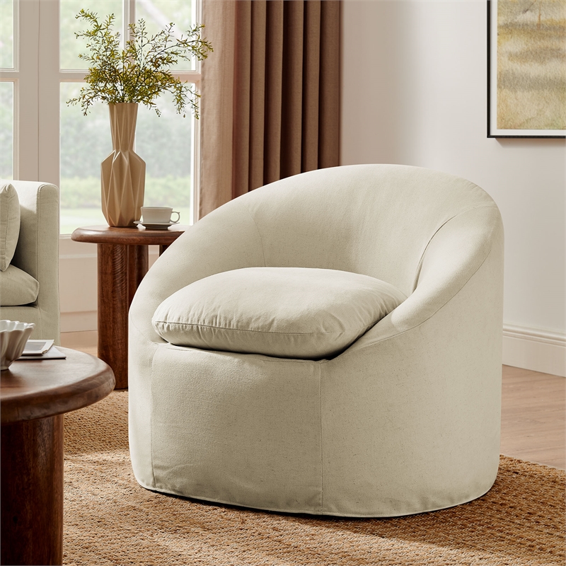 Sadie Slipcovered Linen-Blend Round Accent Chair in Linen