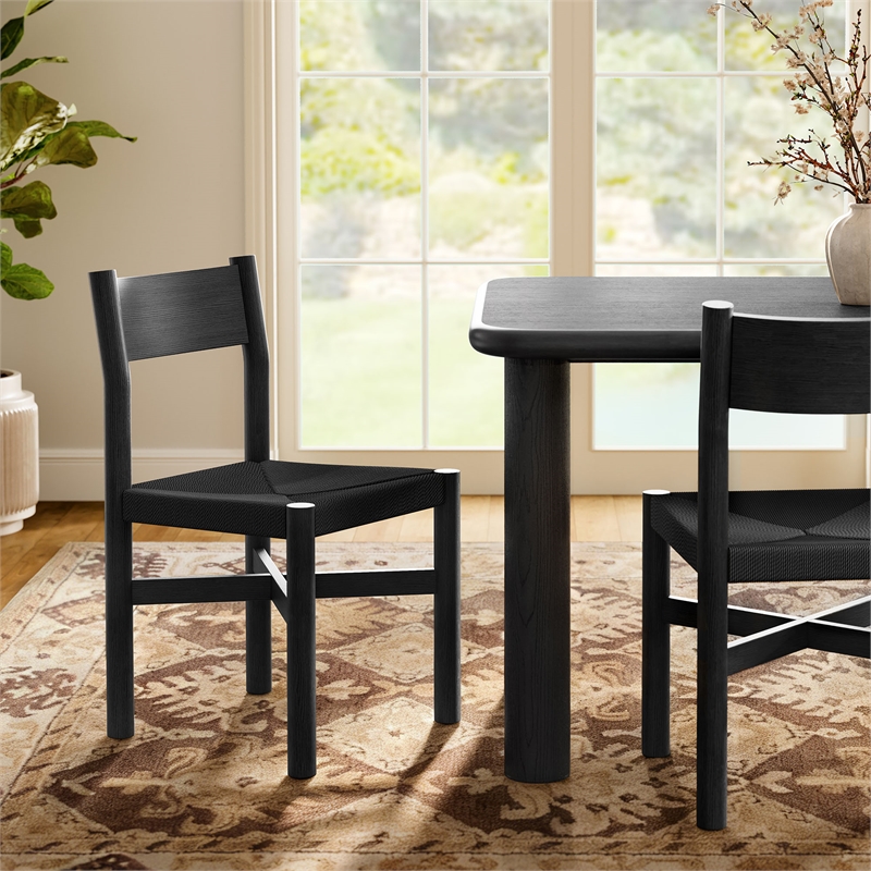 Alvia Oak Wood Dining Side Chair With Woven Seat in Black