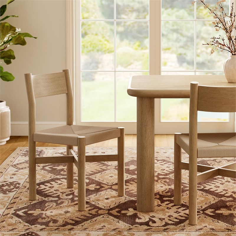 Alvia Oak Wood Dining Side Chair With Woven Seat in Weathered Oak