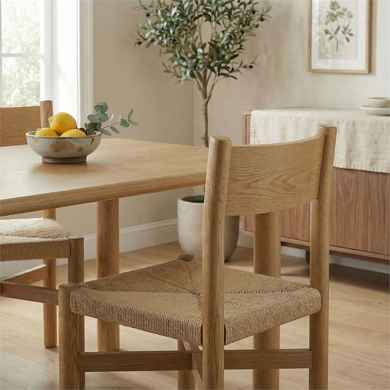 Alvia Oak Wood Dining Side Chair With Woven Seat in Weathered Oak