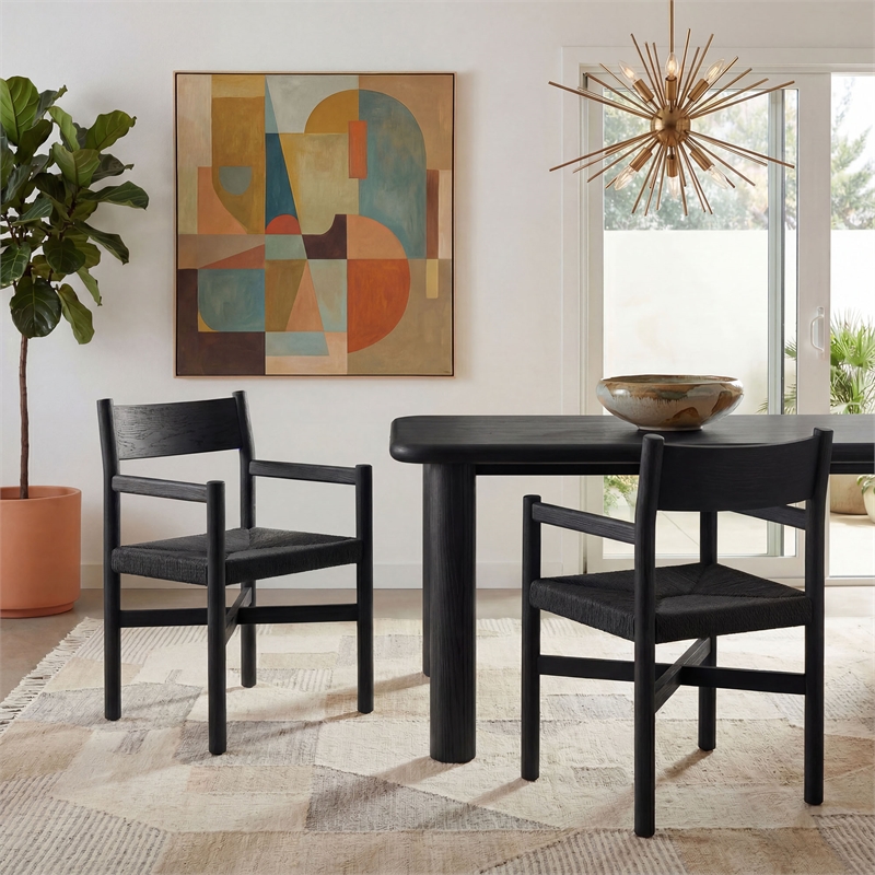 Alvia Oak Wood Dining Armchairs With Woven Seats Set of 2 in Black