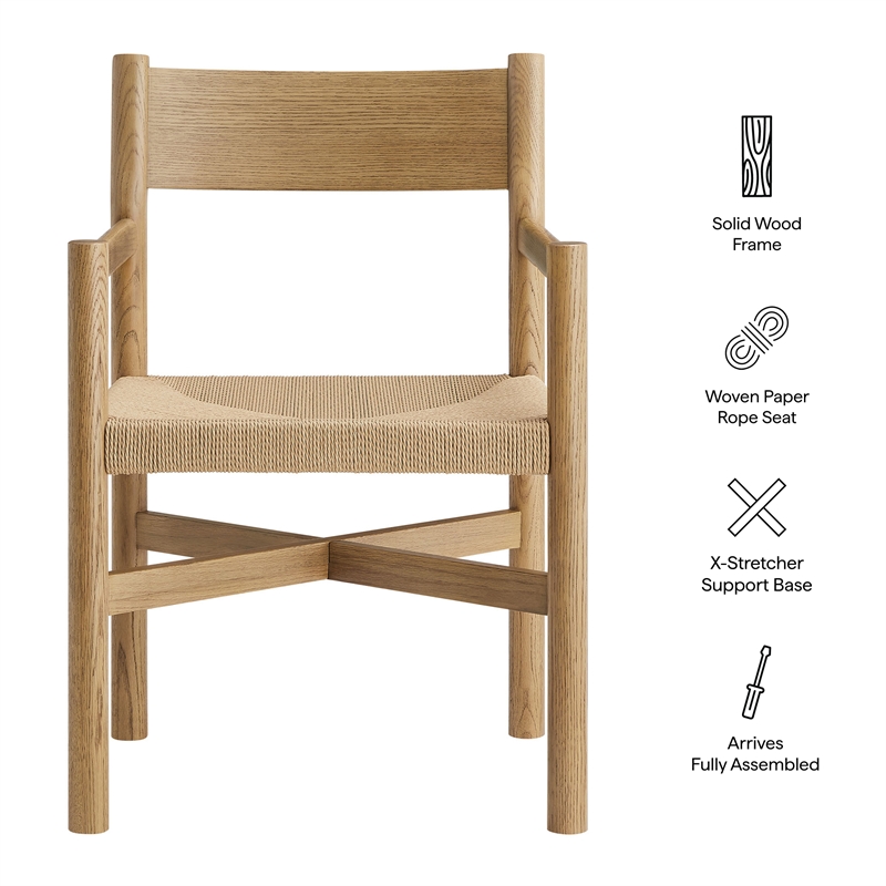 Alvia Oak Wood Dining Armchairs With Woven Seats Set of 2 in Weathered Oak