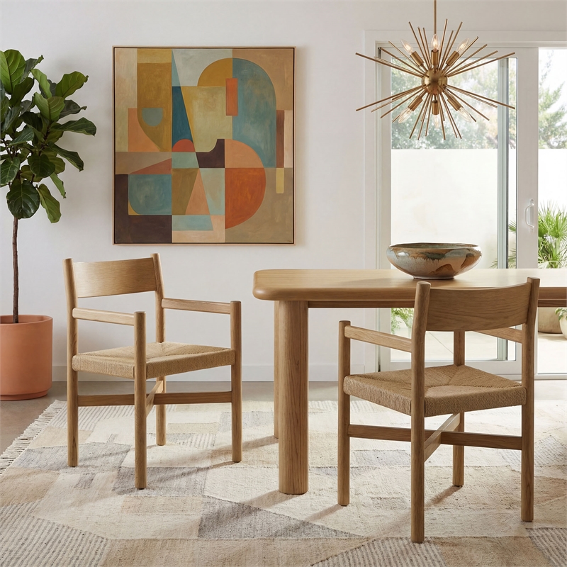 Alvia Oak Wood Dining Armchairs With Woven Seats Set of 2 in Weathered Oak