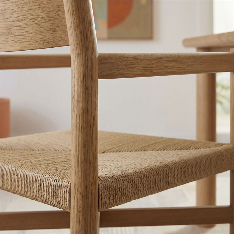 Alvia Oak Wood Dining Armchairs With Woven Seats Set of 2 in Weathered Oak