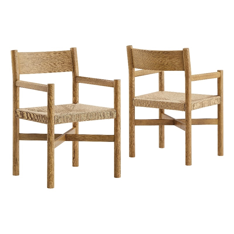 Alvia Oak Wood Dining Armchairs With Woven Seats Set of 2 in Weathered Oak