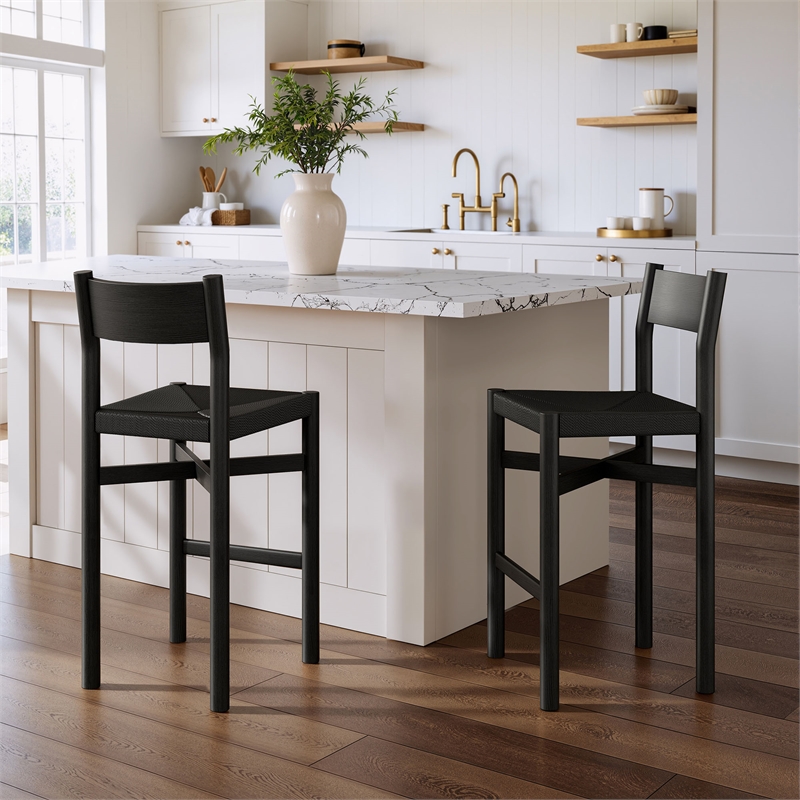 Alvia Oak Wood Bar Stools With Woven Seats Set of 2 in Black