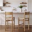 Alvia Oak Wood Bar Stools With Woven Seats Set of 2 in Weathered Oak