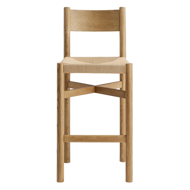 Alvia Oak Wood Bar Stools With Woven Seats Set of 2 in Weathered Oak