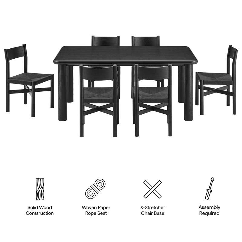 Alvia 7-Piece Oak Wood Dining Table and Chairs Set in Black