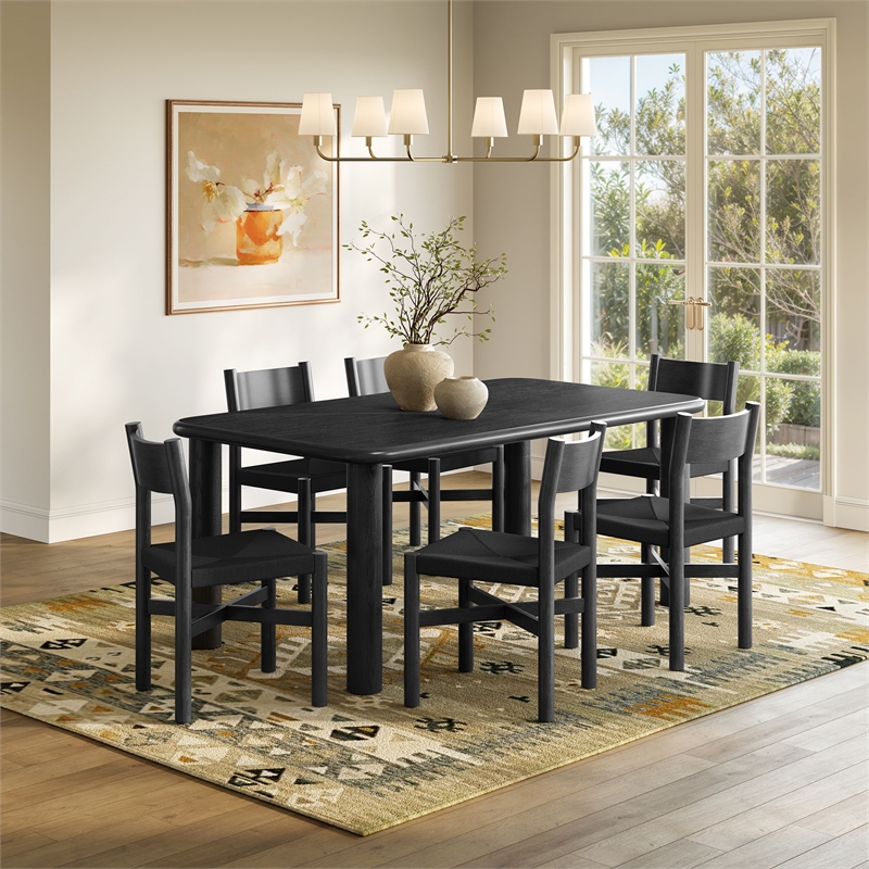 Alvia 7-Piece Oak Wood Dining Table and Chairs Set in Black