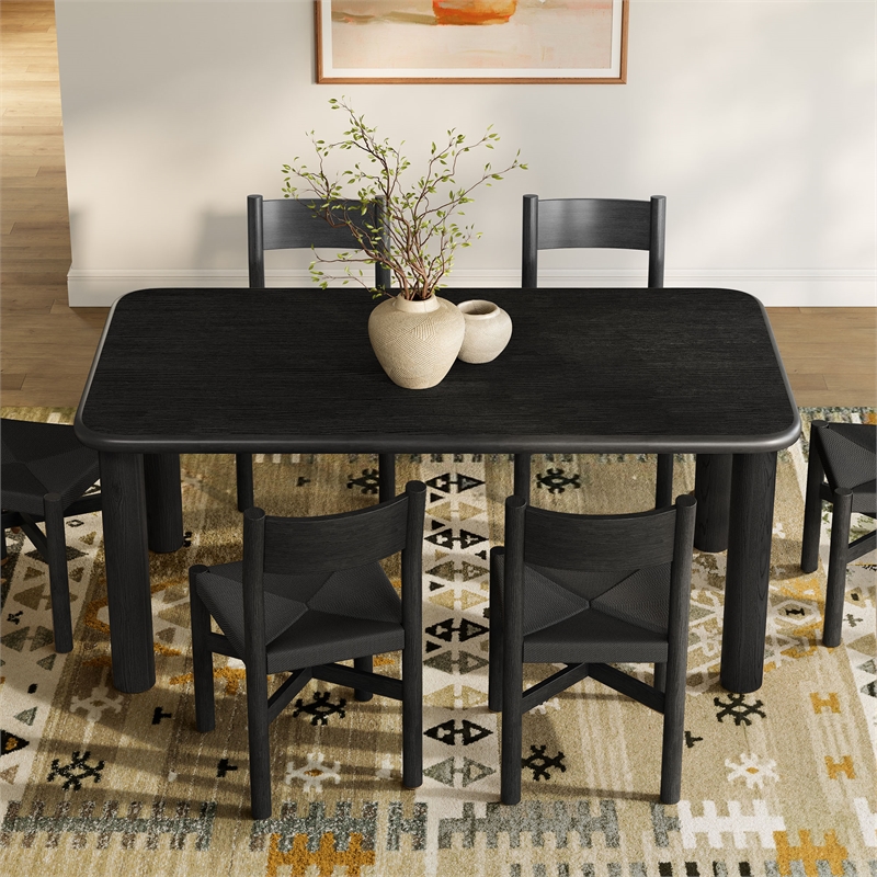 Alvia 7-Piece Oak Wood Dining Table and Chairs Set in Black