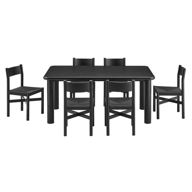 Alvia 7-Piece Oak Wood Dining Table and Chairs Set in Black