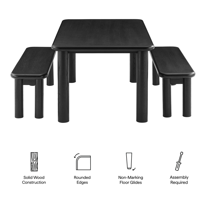 Alvia 3-Piece Oak Wood Dining Table and Benches Set in Black