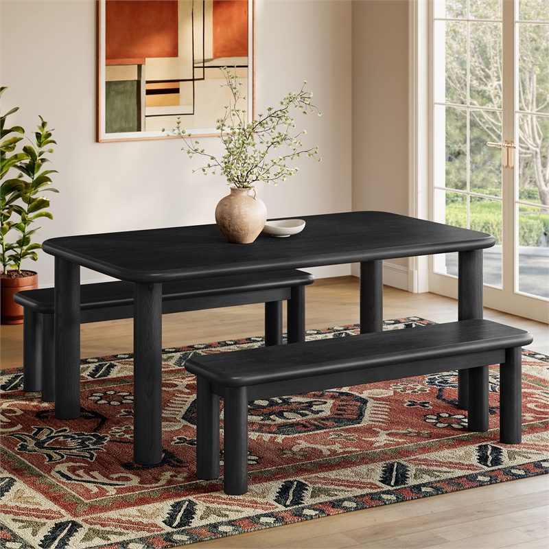 Alvia 3-Piece Oak Wood Dining Table and Benches Set in Black