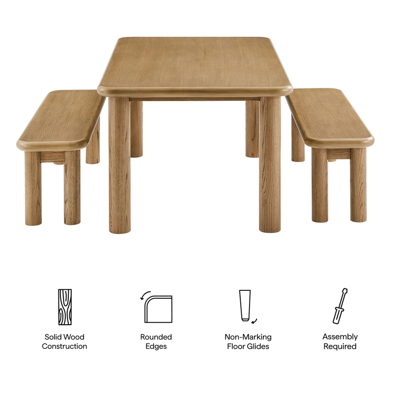 Alvia 3-Piece Oak Wood Dining Table and Benches Set in Weathered Oak