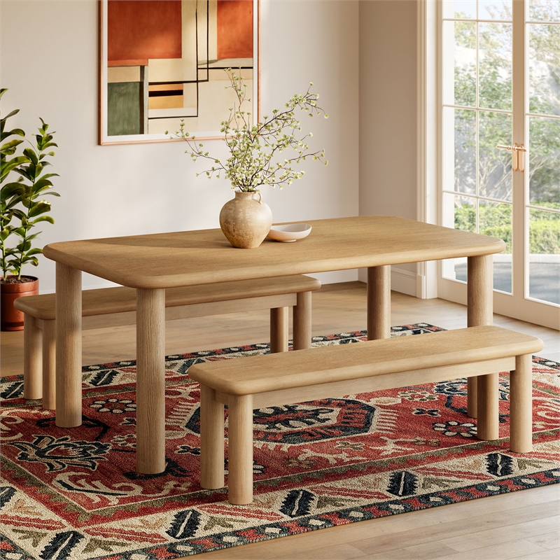 Alvia 3-Piece Oak Wood Dining Table and Benches Set in Weathered Oak