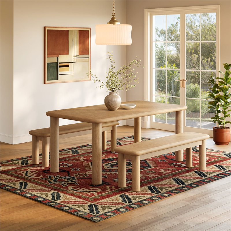 Alvia 3-Piece Oak Wood Dining Table and Benches Set in Weathered Oak