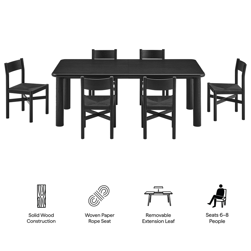 Alvia 7-Piece Oak Wood Extendable Dining Table and Chairs Set in Black