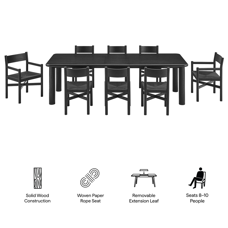 Alvia 9-Piece Oak Wood Extendable Dining Table and Chairs Set in Black