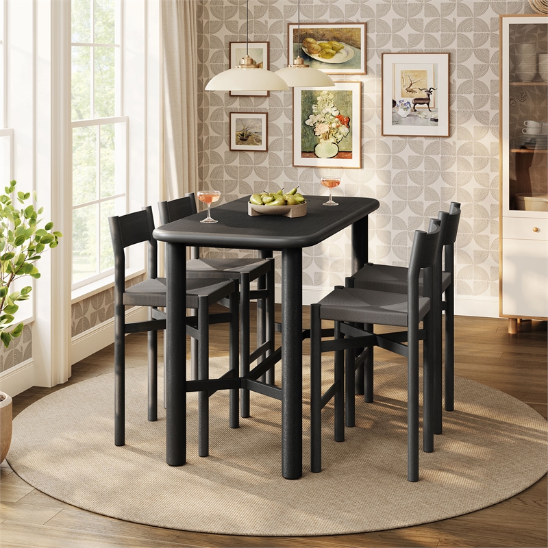 Alvia 5-Piece Rectangular Wood Bar Table With Bar Stools Set in Black