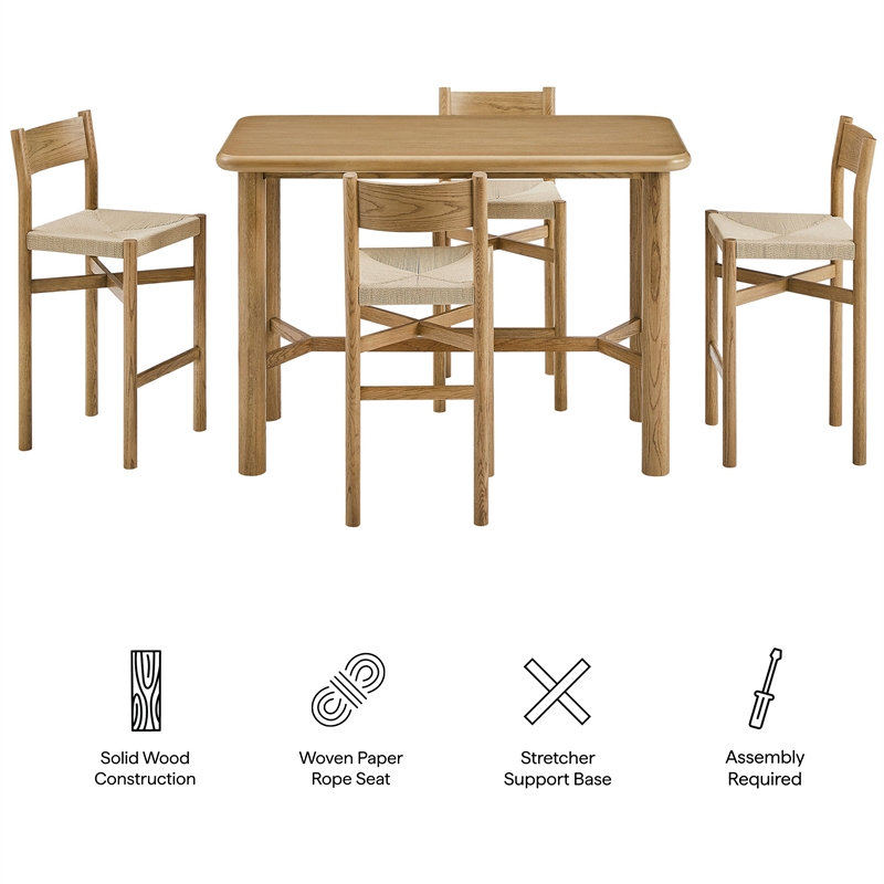 Alvia 5-Piece Rectangular Wood Bar Table With Bar Stools Set in Weathered Oak