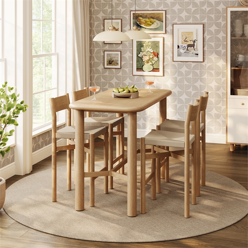 Alvia 5-Piece Rectangular Wood Bar Table With Bar Stools Set in Weathered Oak
