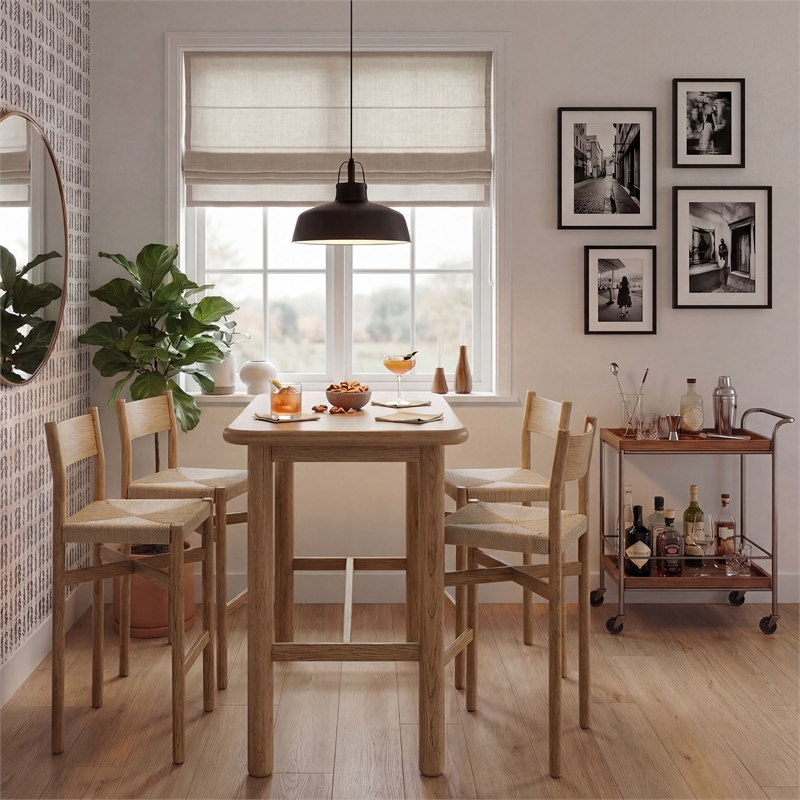 Alvia 5-Piece Rectangular Wood Bar Table With Bar Stools Set in Weathered Oak