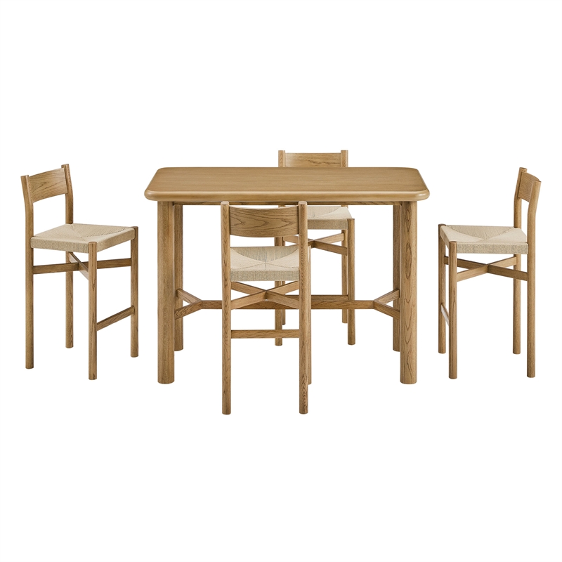 Alvia 5-Piece Rectangular Wood Bar Table With Bar Stools Set in Weathered Oak