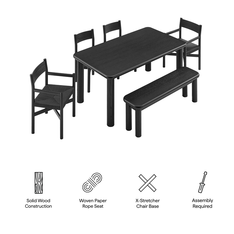 Alvia 6-Piece Oak Wood Dining Table and Seating Set in Black