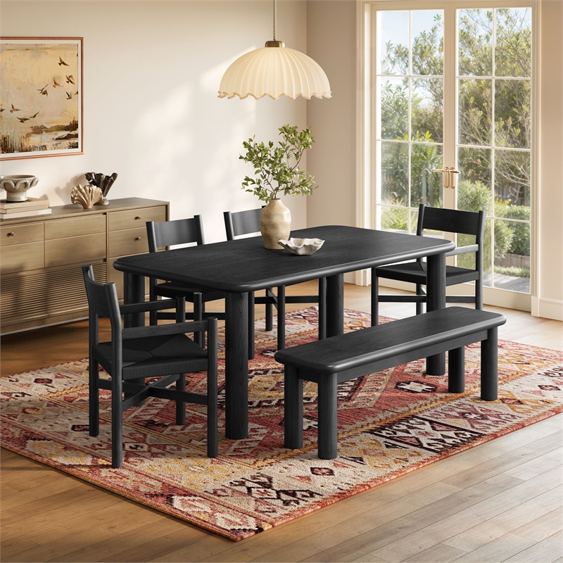 Alvia 6-Piece Oak Wood Dining Table and Seating Set in Black