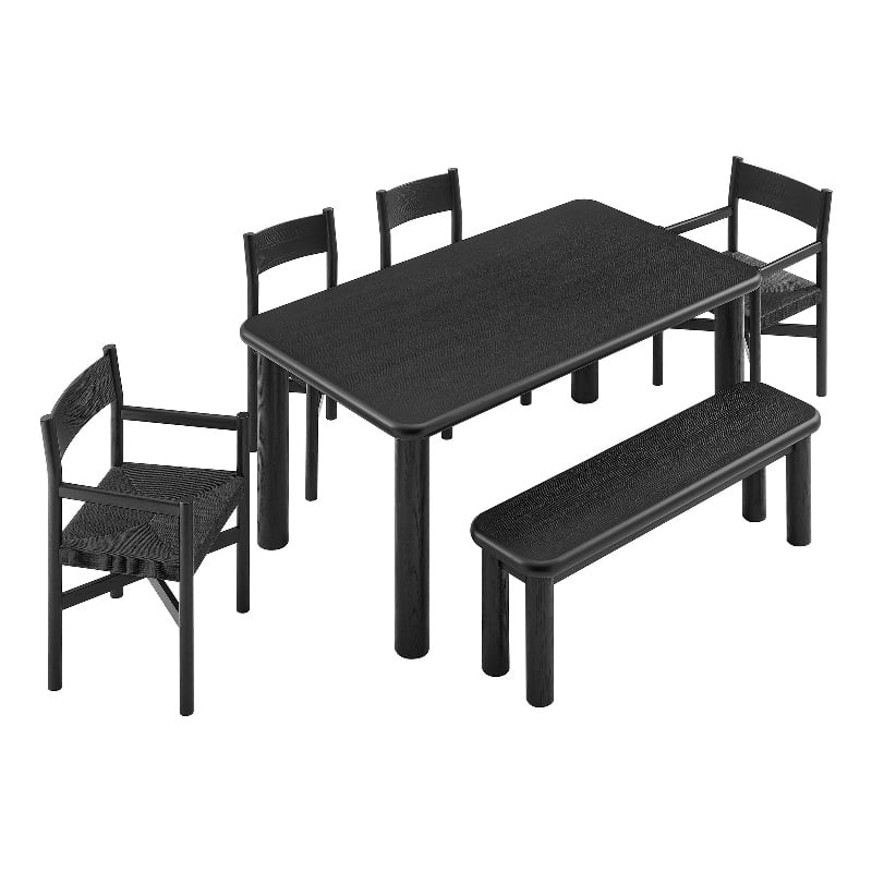 Alvia 6-Piece Oak Wood Dining Table and Seating Set in Black