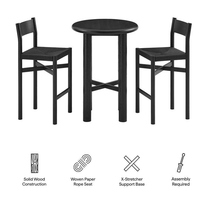 Alvia 3-Piece Round Oak Wood Bar Table With Bar Stools Set in Black