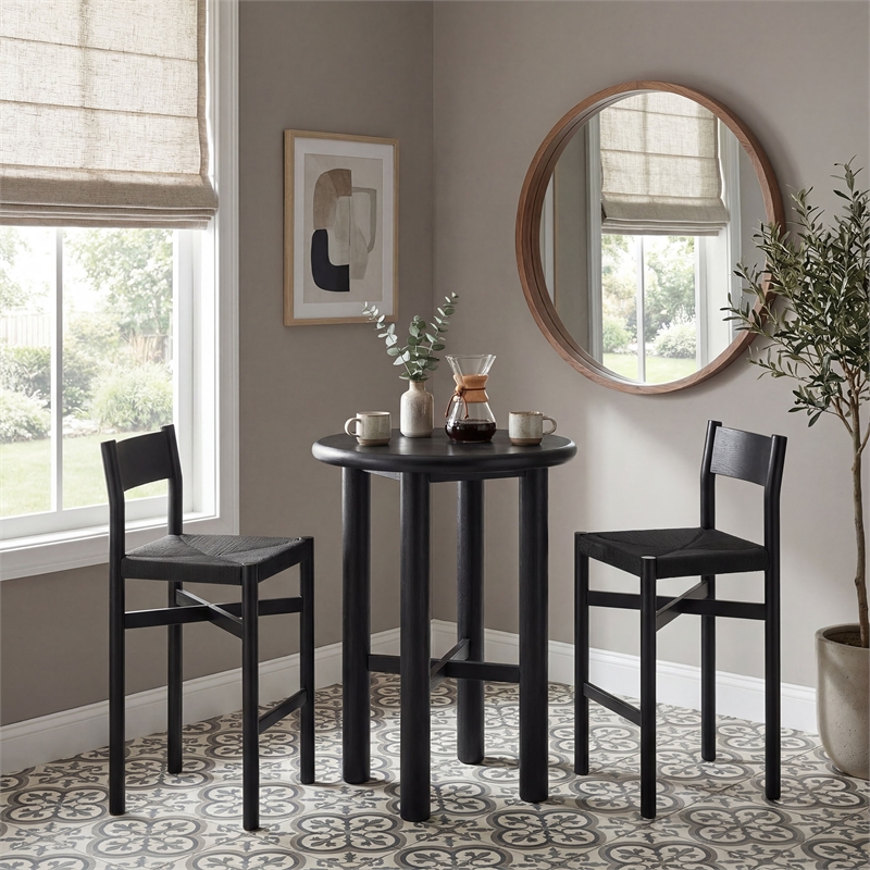 Alvia 3-Piece Round Oak Wood Bar Table With Bar Stools Set in Black