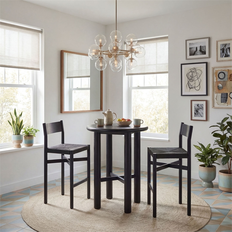 Alvia 3-Piece Round Oak Wood Bar Table With Bar Stools Set in Black