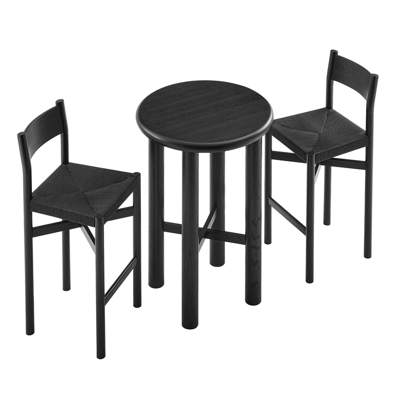 Alvia 3-Piece Round Oak Wood Bar Table With Bar Stools Set in Black