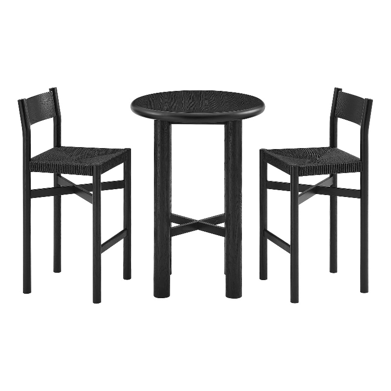 Alvia 3-Piece Round Oak Wood Bar Table With Bar Stools Set in Black