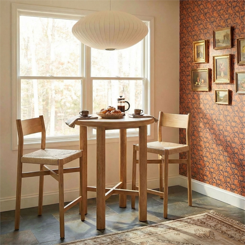 Alvia 3-Piece Round Oak Wood Bar Table With Bar Stools Set in Weathered Oak