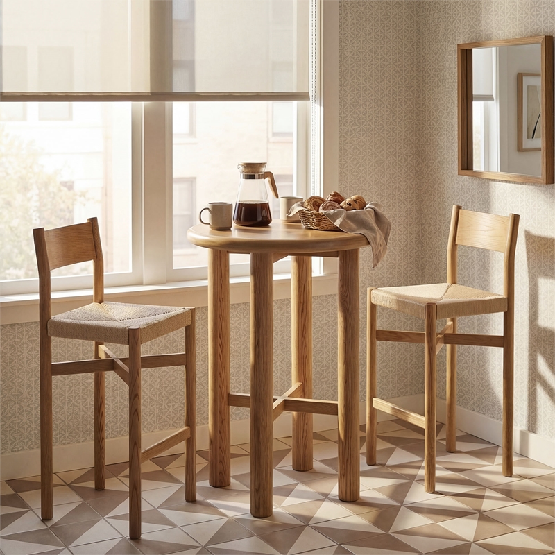 Alvia 3-Piece Round Oak Wood Bar Table With Bar Stools Set in Weathered Oak