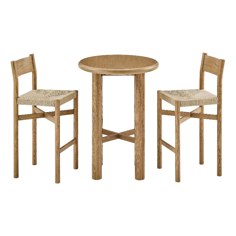 Alvia 3-Piece Round Oak Wood Bar Table With Bar Stools Set in Weathered Oak