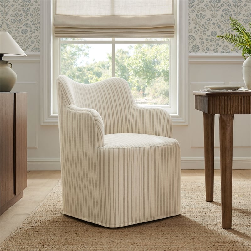 Cordelle Linen Blend Swivel Dining Chair in Oatmeal Stripe