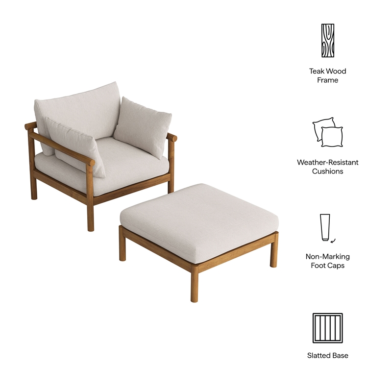 Eleni 2-Piece Outdoor Teak Wood Armchair and Ottoman Set in Natural Sail