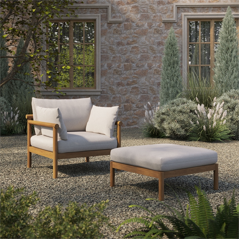 Eleni 2-Piece Outdoor Teak Wood Armchair and Ottoman Set in Natural Sail