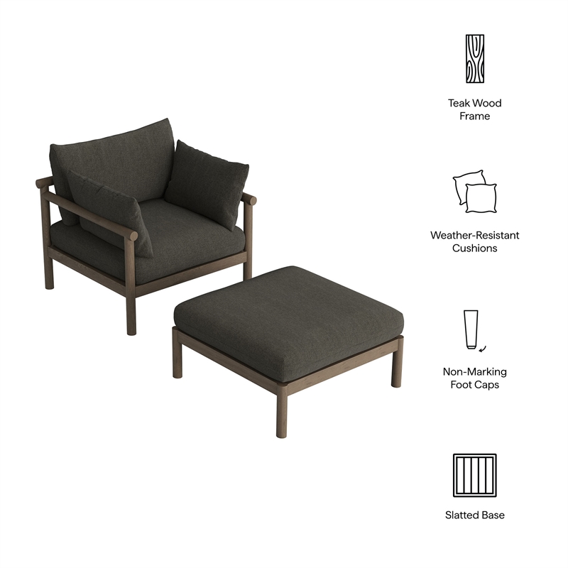Eleni 2-Piece Outdoor Teak Wood Armchair and Ottoman Set in Weathered Gray Flint